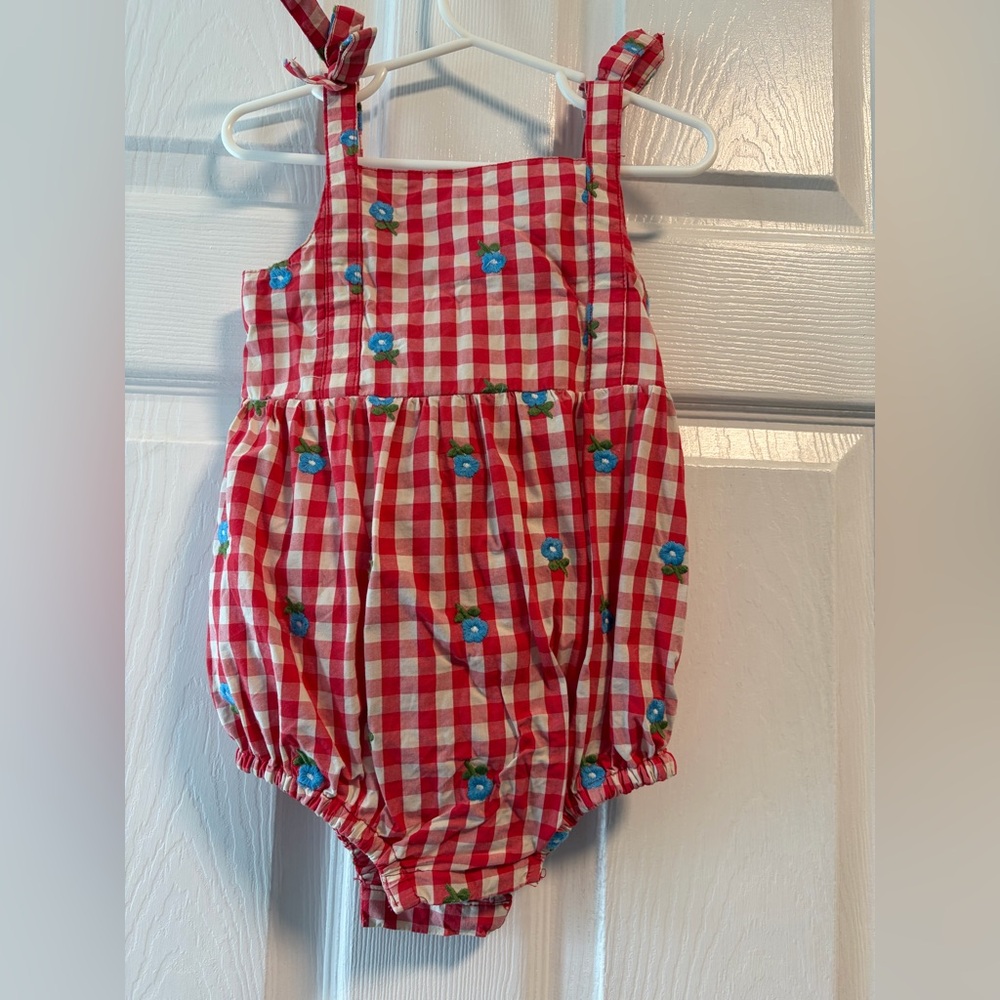 Hanna Andersson Red and White Gingham Romper with Blue Floral Embroidery
